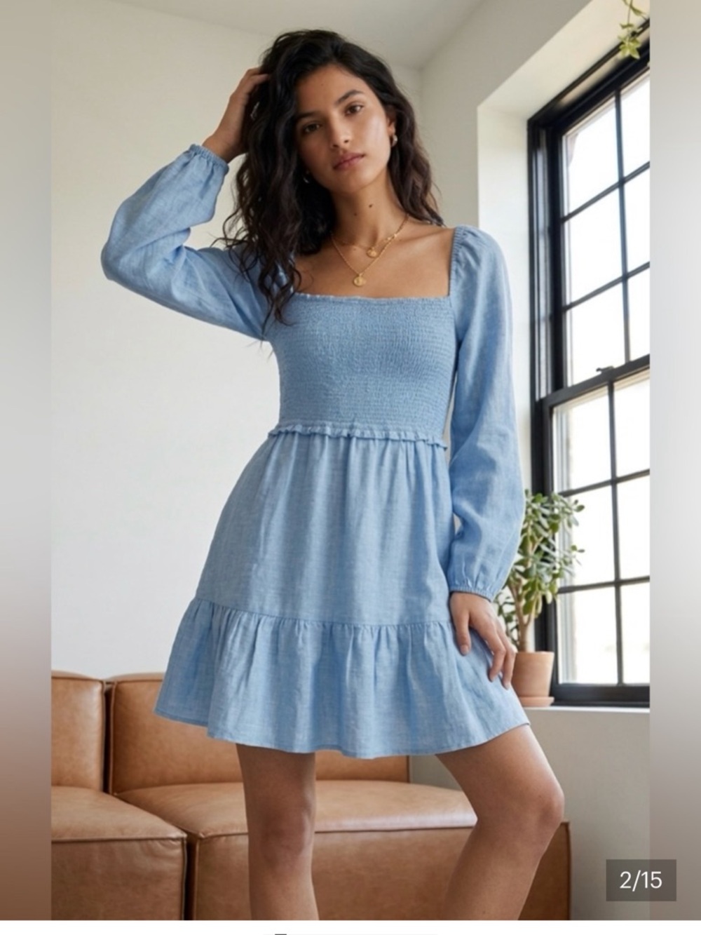 Wilfred tempest dress baby blue chambray linen longsleeve mini dress smocked